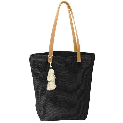 Black and tan jute tote with tassel, beautifully woven for stylish versatility