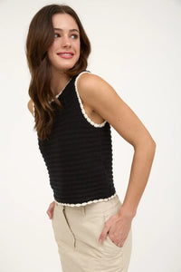 Black textured crochet knit sleeveless tank top for stylish summer wear