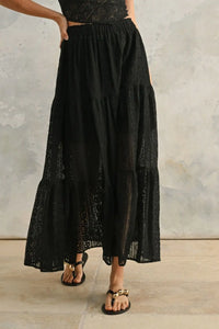 Black Crochet Lace Tiered Maxi Skirt from BOHO ME with intricate crochet lace design