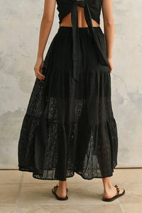 Black crochet lace tiered maxi skirt from BOHO ME Crochet Lace Tiered Skirt collection