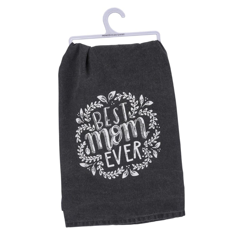 Black dish towel featuring the words Mom in white, perfect for the best mom ever