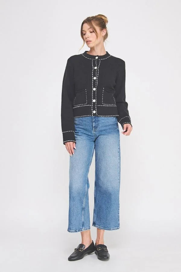 Black long sleeve accent stitch detail tweed cardigan with white buttons