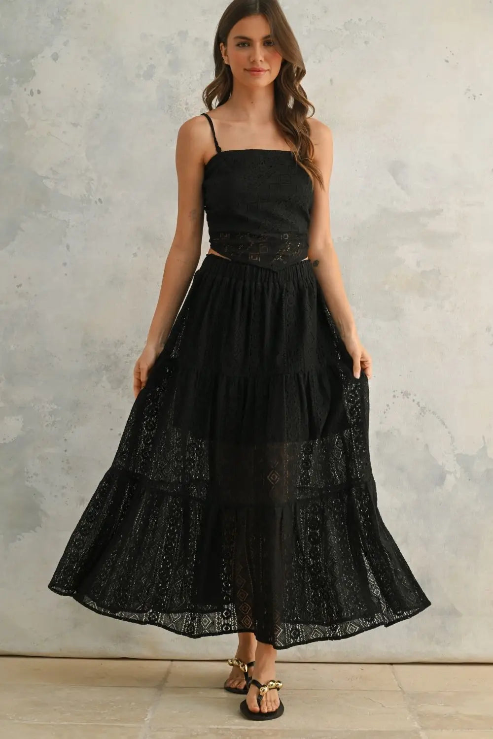 Black crochet lace tiered dress from BOHO ME featuring elegant crochet lace design
