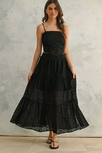 Black crochet lace tiered dress from BOHO ME featuring elegant crochet lace design