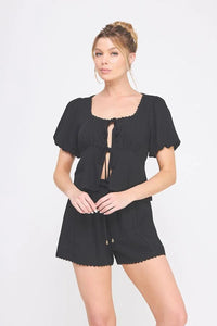 Black linen blend puff short set featuring puff short sleeve design and lace-up top
