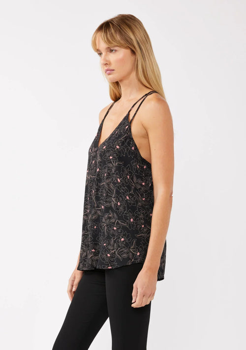 Black floral print spaghetti strap swing tank top with double shoulder straps