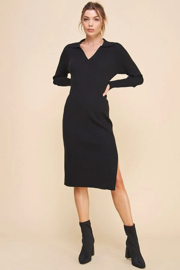 Black v-neck collared sweater dress with long sleeves and side slit for stylish comfort