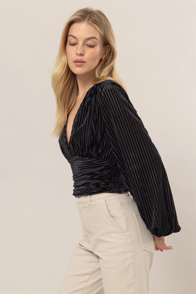 Black velvet pleated wrap blouse with balloon sleeves from Shop Daisy women’s boho chic clothing