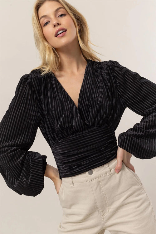 Black velvet striped wrap blouse with balloon sleeves from Shop Daisy’s women’s boho chic clothing