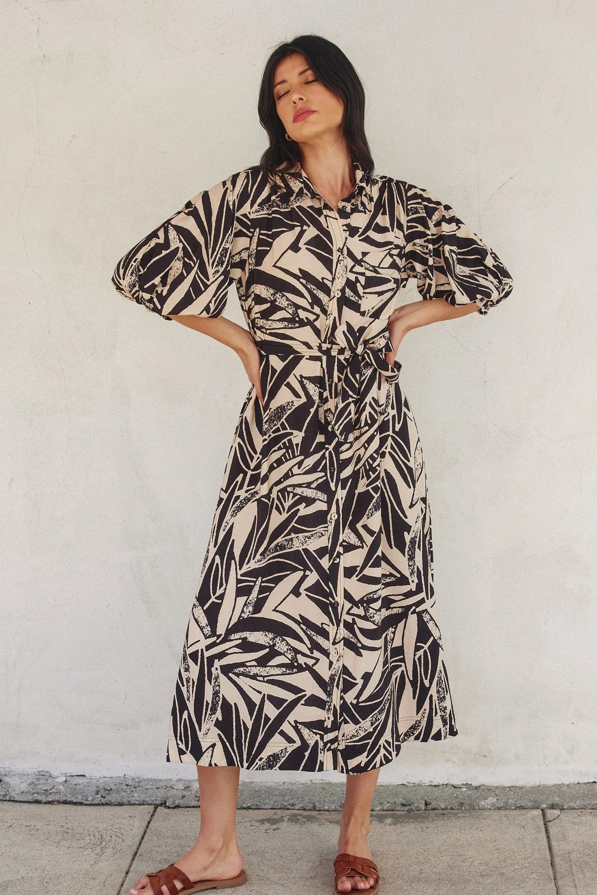 Black and white abstract print shirt dress with puff sleeves and tie waist from Shop Daisy