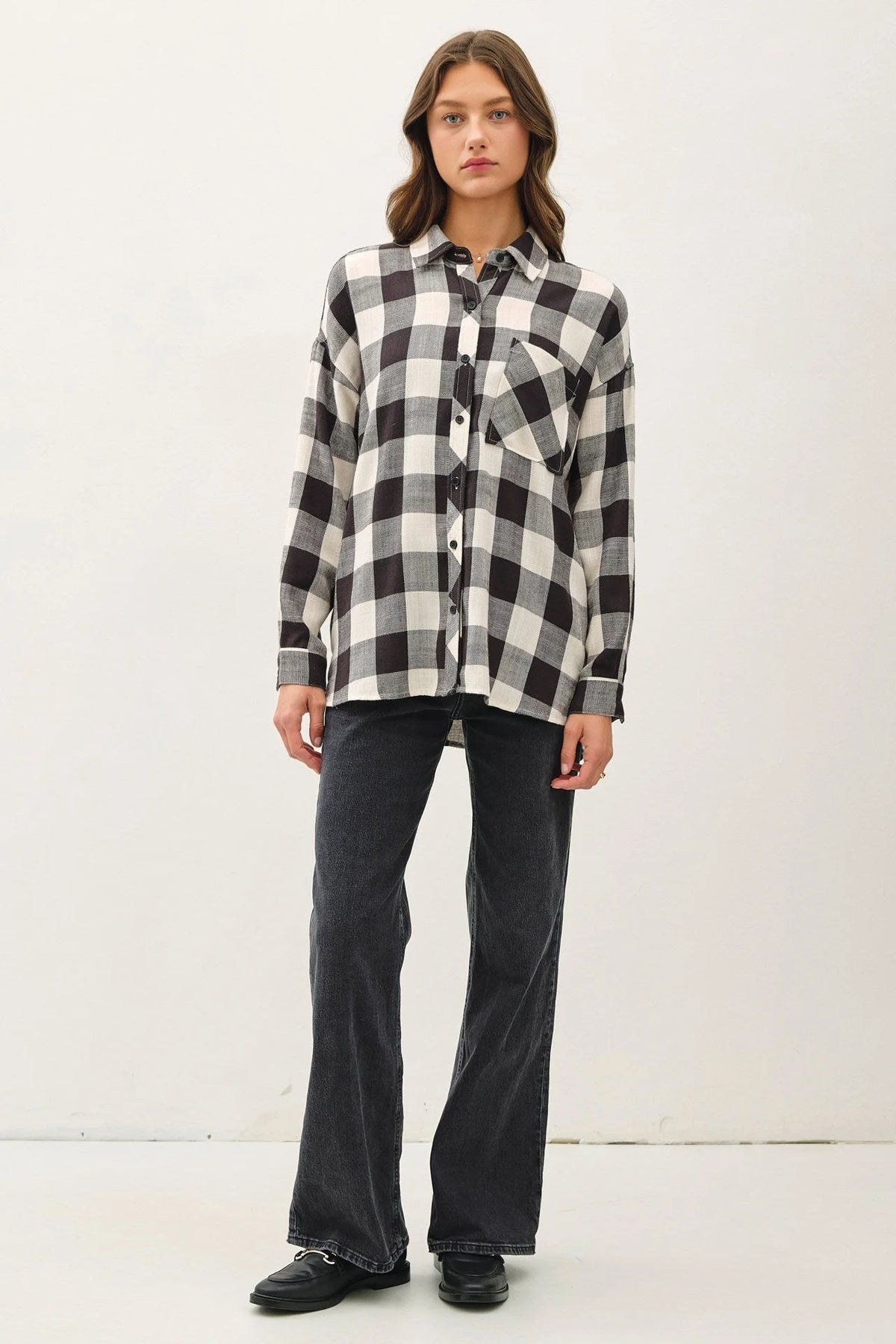 Soft Buffalo Check Flannel Shirt featuring a black and white checkered pattern with buttons