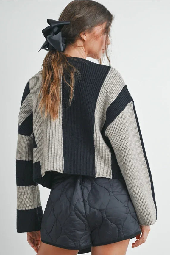 Black and white color block button ribbed knit cardigan with bow collar