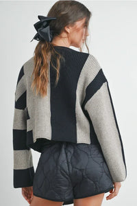 Black and white color block button ribbed knit cardigan with bow collar