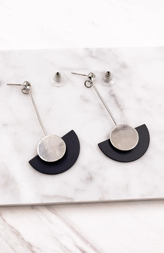 Black and silver geometric drop earrings made from recycled materials for eco-friendly style