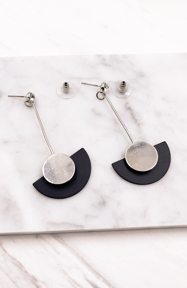 Black & Silver Geometric Drop Earrings - Earrings