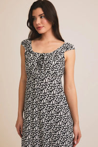 Black and white floral print midi dress with tie cap sleeves and square neckline