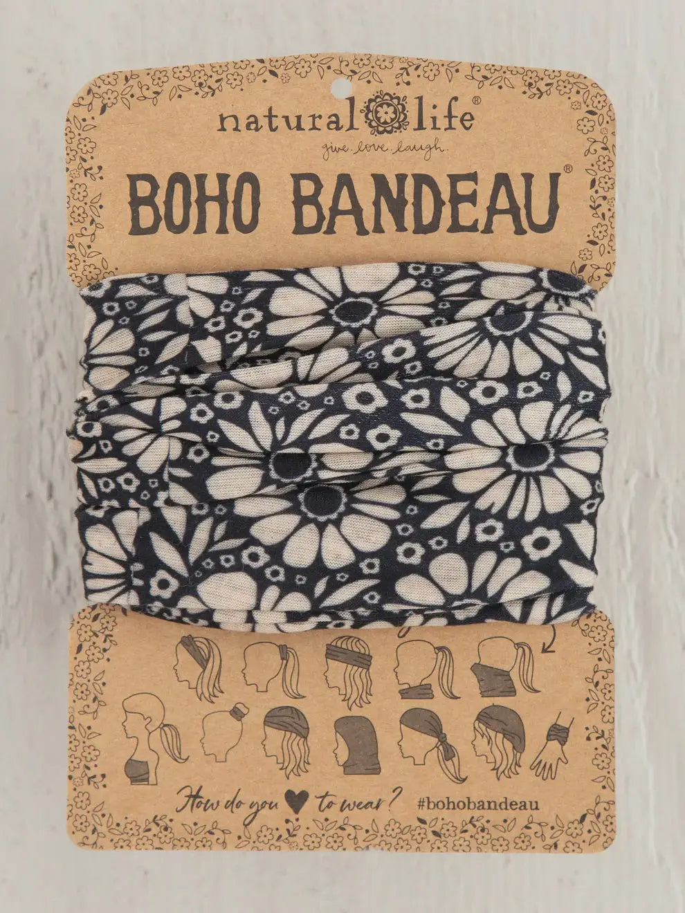 Black and white floral boho bandeau headband from women’s boho chic clothing collection