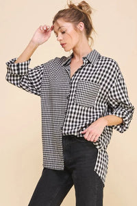 Black and white gingham patterned long-sleeve linen blend button shirt for men