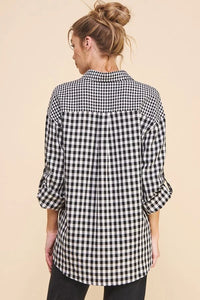 Black and white gingham mixed cotton linen blend button-up shirt with rolled sleeves