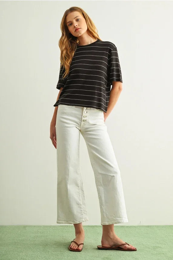 Black and white stripe cotton linen top, relaxed fit short-sleeved