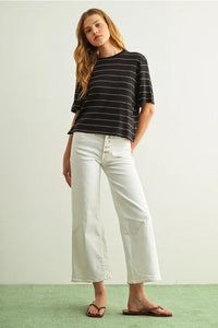 Black and white stripe cotton linen top, relaxed fit short-sleeved