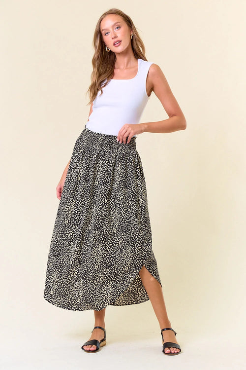 Black and white leopard print midi skirt with side slit for women’s boho chic clothing