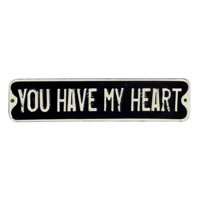 Black and white heart embossed tin wall decor sign with raised lettering design