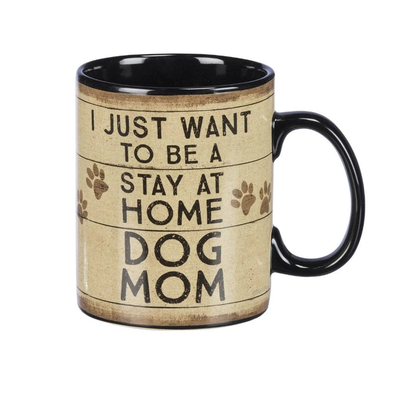 Black and white mug with Just to Be Stay Home Dog Mom text for home dog mom gifts