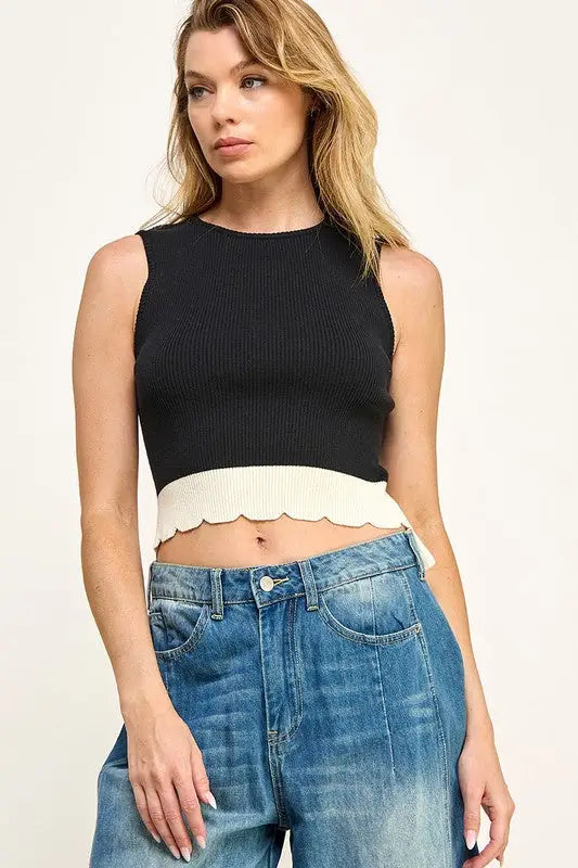 Black and white scalloped crop top from Shop Daisy, ideal for women’s boho chic clothing