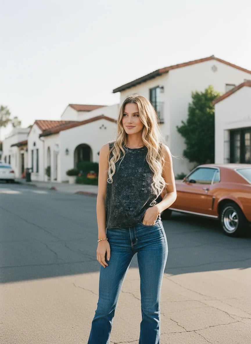 Black and white speckled cotton muscle tee with tailored fit and flared jeans
