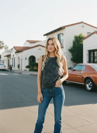 Black and white speckled cotton muscle tee with tailored fit and flared jeans