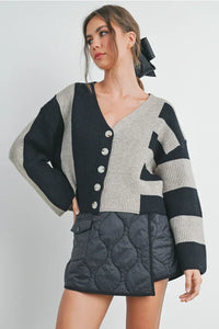 Black and white color block button down cardigan with striped bow sleeve