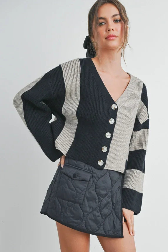Black and white striped color block button down cardigan with quilted mini skirt