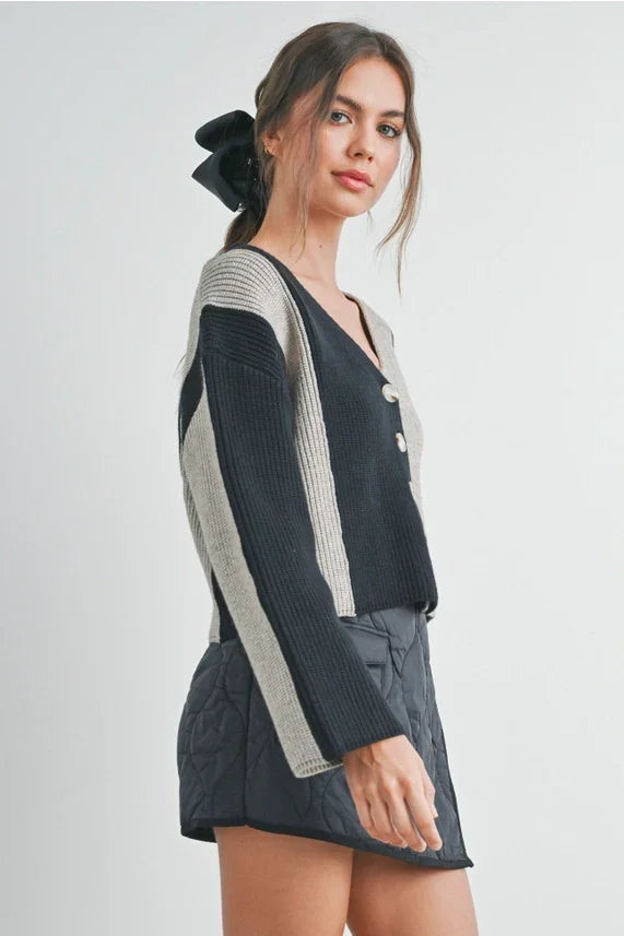 Black and white color block button down cardigan sweater