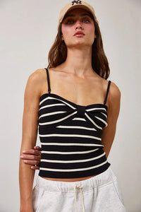 Black and white striped removable strap tube tank top with front bow detail