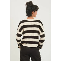 Back view of a Black and White Striped Textured Knit Cropped V-Neck Sweater