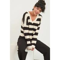 Black and white striped textured knit cropped v-neck sweater with long sleeves