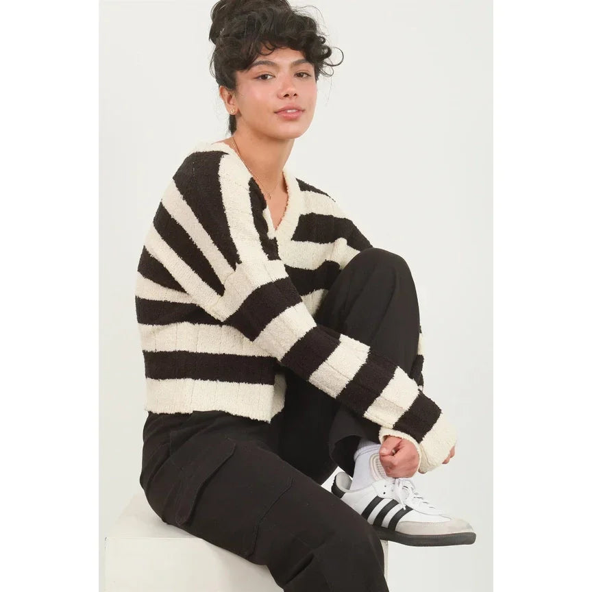 Black and white striped textured knit cropped V-neck sweater with relaxed fit