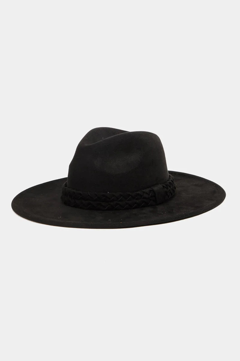 Black wide-brimmed fedora hat with double rope braid decorative band for stylish allure