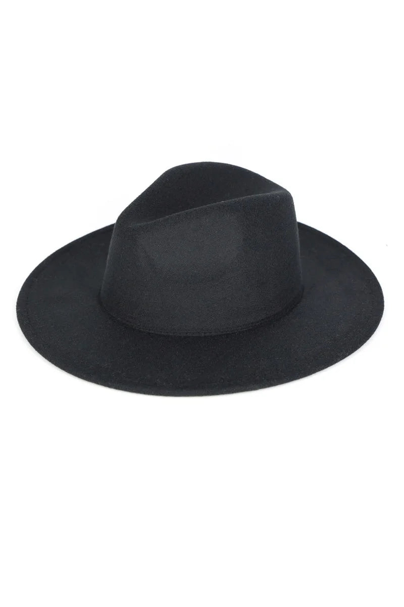 Black wide-brimmed fedora hat from the Solid Flat Brim Panama collection