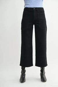 High rise cropped wide leg black corduroy pants with pockets and zipper