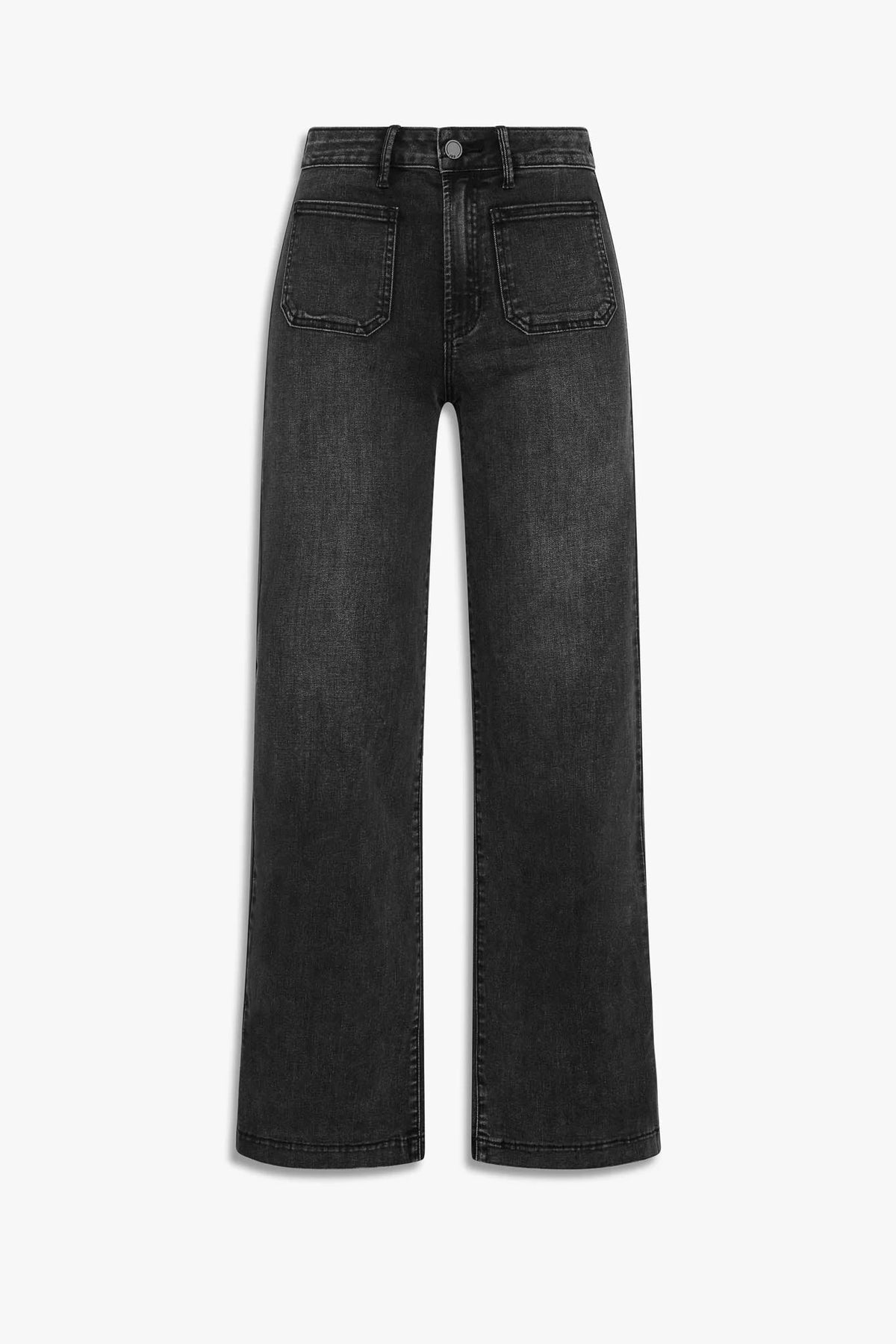Black wide-leg denim jeans with large patch pockets for a stylish mini patch pocket look