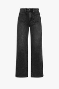 Black wide-leg denim jeans with large patch pockets for a stylish mini patch pocket look