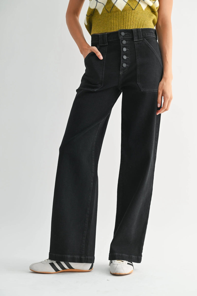 Black slim wide leg denim jeans with button fly and belt loops