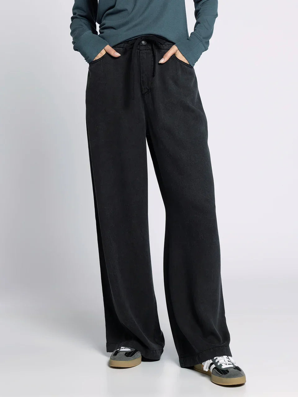 Black wide-leg track pants with drawstring waist from Supply Austin Pants collection