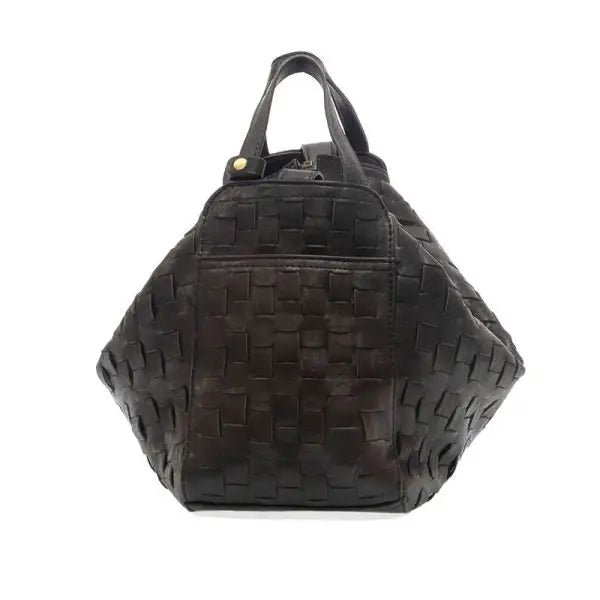 Black woven leather handbag with zip closure from the Boho Leather Slouchy Bowler Brenna Bag