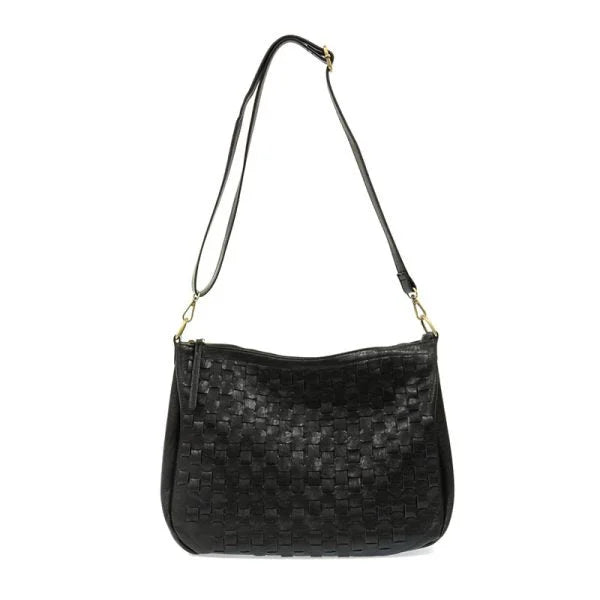 Black woven leather shoulder bag KALI WOVEN SLOUCHY HOBO with adjustable short shoulder strap