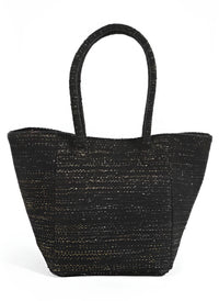 Black woven Beaded Lion tote bag with handles, perfect for boho and flowy styles