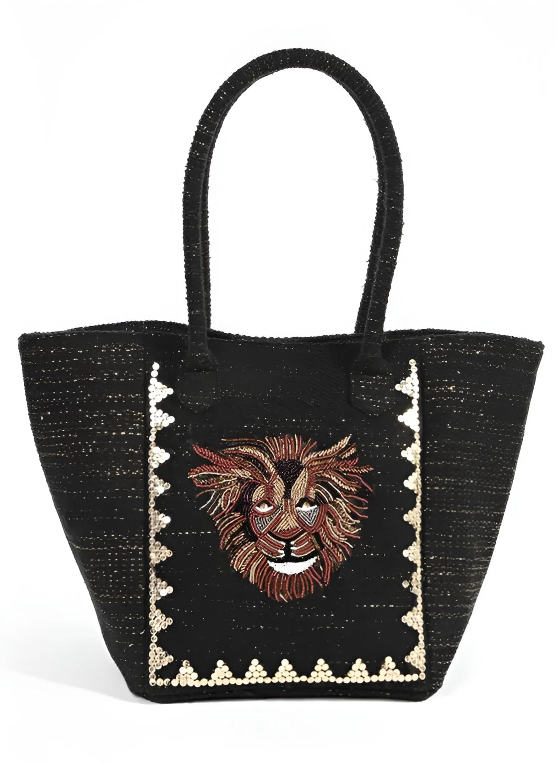 Black woven tote bag featuring embroidered lion face design ideal for boho chic style