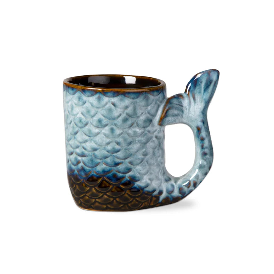 Blue and brown Mermaid Tail Mug featuring a decorative fish design for aquatic enthusiasts